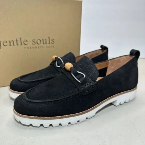 New Gentle Souls by Kenneth Cole Womens Eugene Lug Bit Blk Loafers Shoes Slip On - Picture 2 of 6